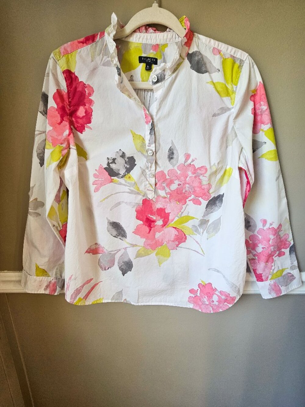 Talbots Petites Floral Popover Blouse Ruffle Collar 100% Cotton Size MP